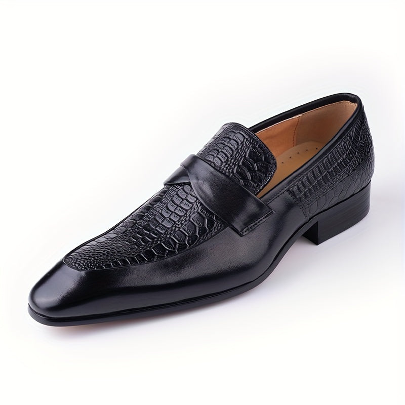 Mocasines de cuero con patrón de cocodrilo negro para hombre, con punta afilada, sin cordones, zapatos de vestir para negocios informales, para todas las estaciones