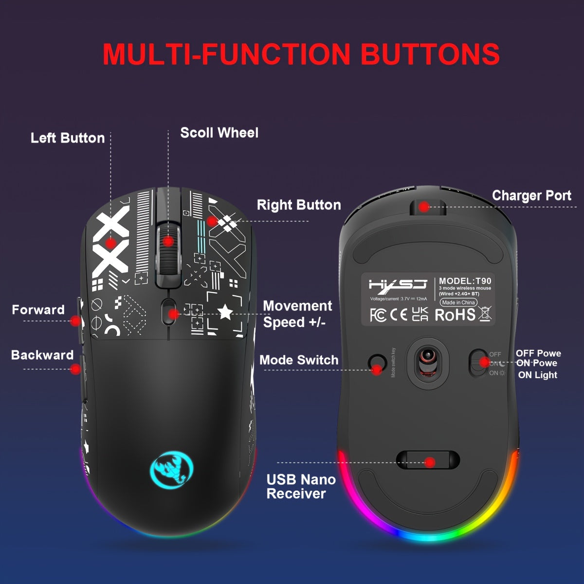 Wireless Gaming Mouse RGB Lighting USB-C 3 DPI Settings Right-Handed Plug and Play