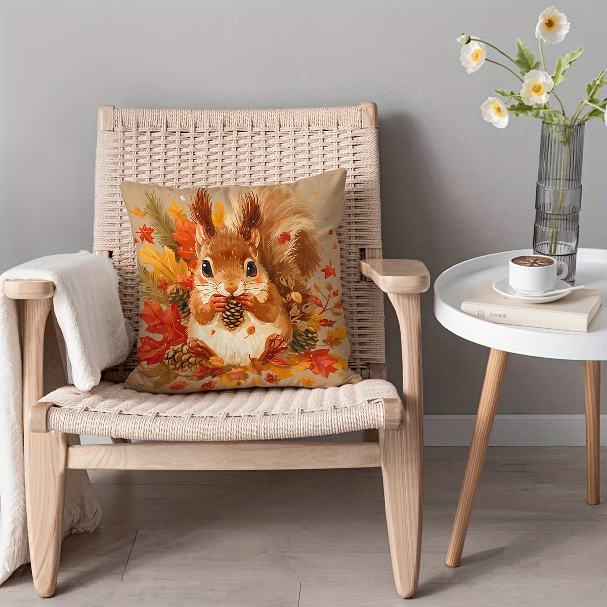 Autumn Squirrel Pillow Cover Sunflower Maple Leaf Decor 44.96cm Square