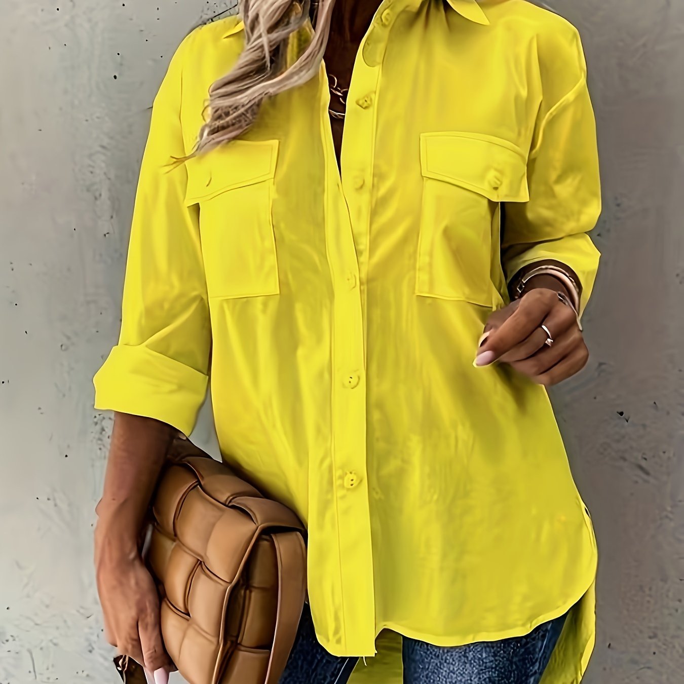 Женская блузка большого размера с пуговицами, карманами, длинными рукавами и асимметричным низом, весна-осень