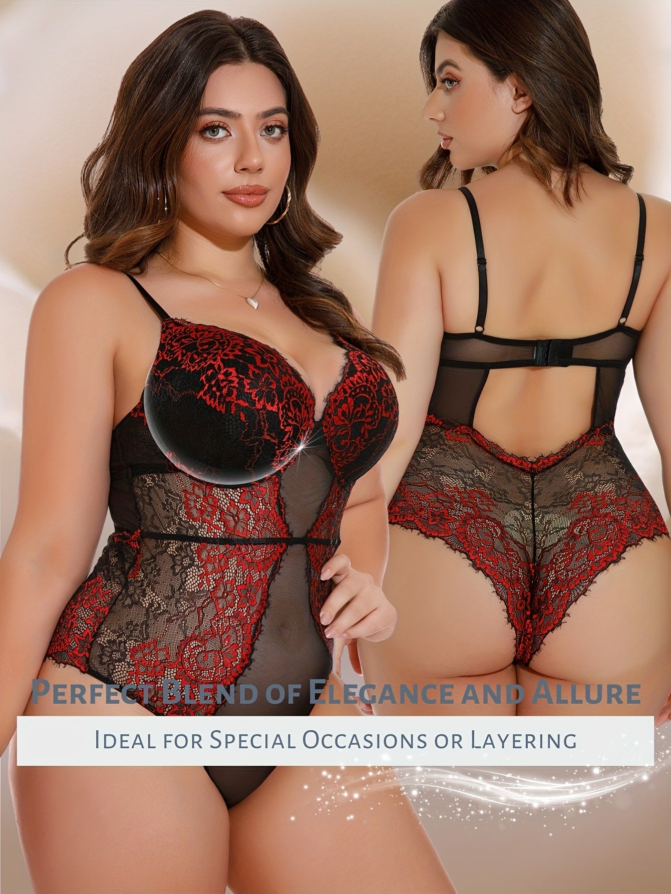 Plus-Size Women's Breathable Lace Mesh Jumpsuit with Color-Block Pattern