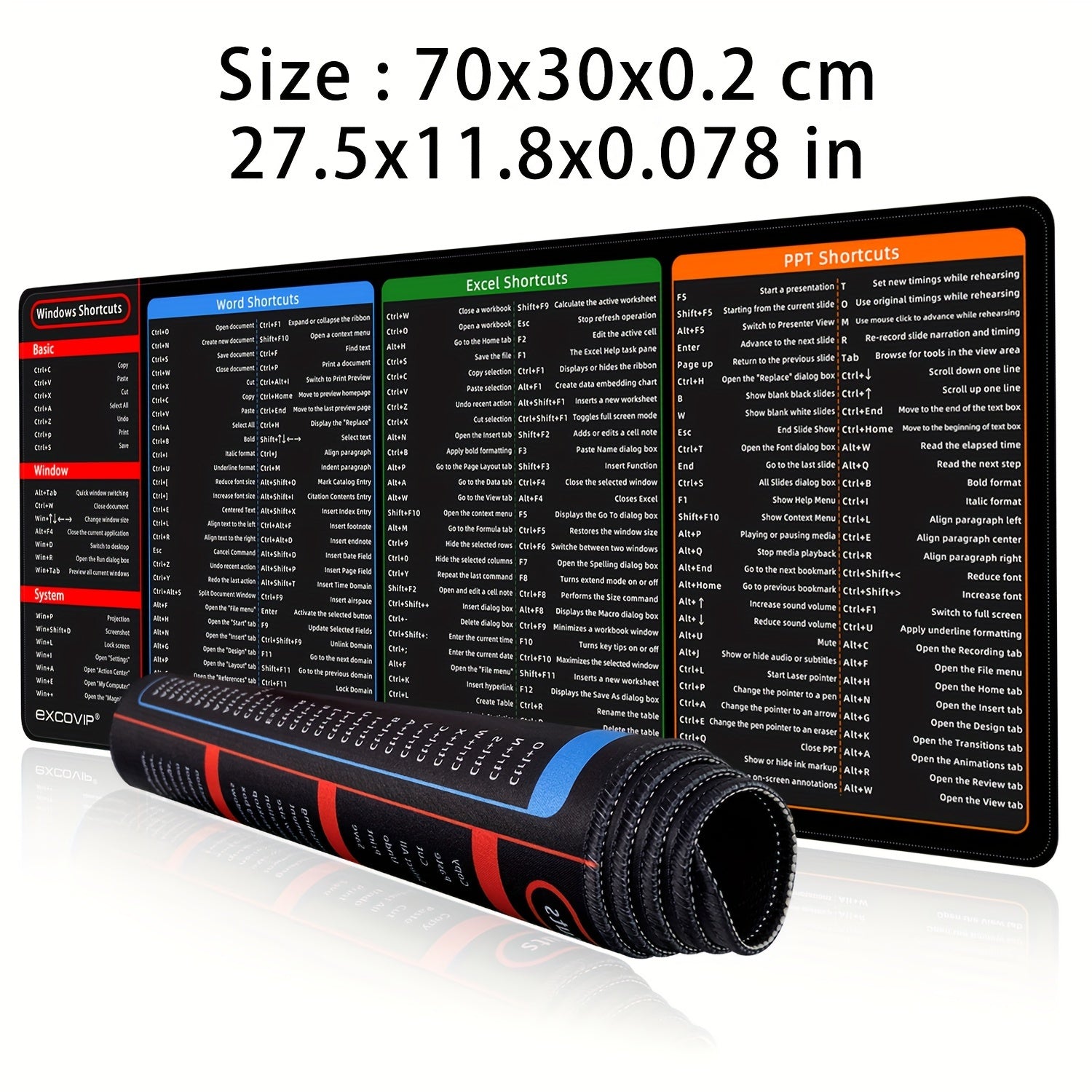 1 dona Katta Stol Pad, Office Word, Excel va PPT uchun Oddiy Windows Qisqa Yo'llari bilan, qisqa yo'l naqshiga ega bo'lgan sirpanmaydigan klaviatura va sichqoncha pad.