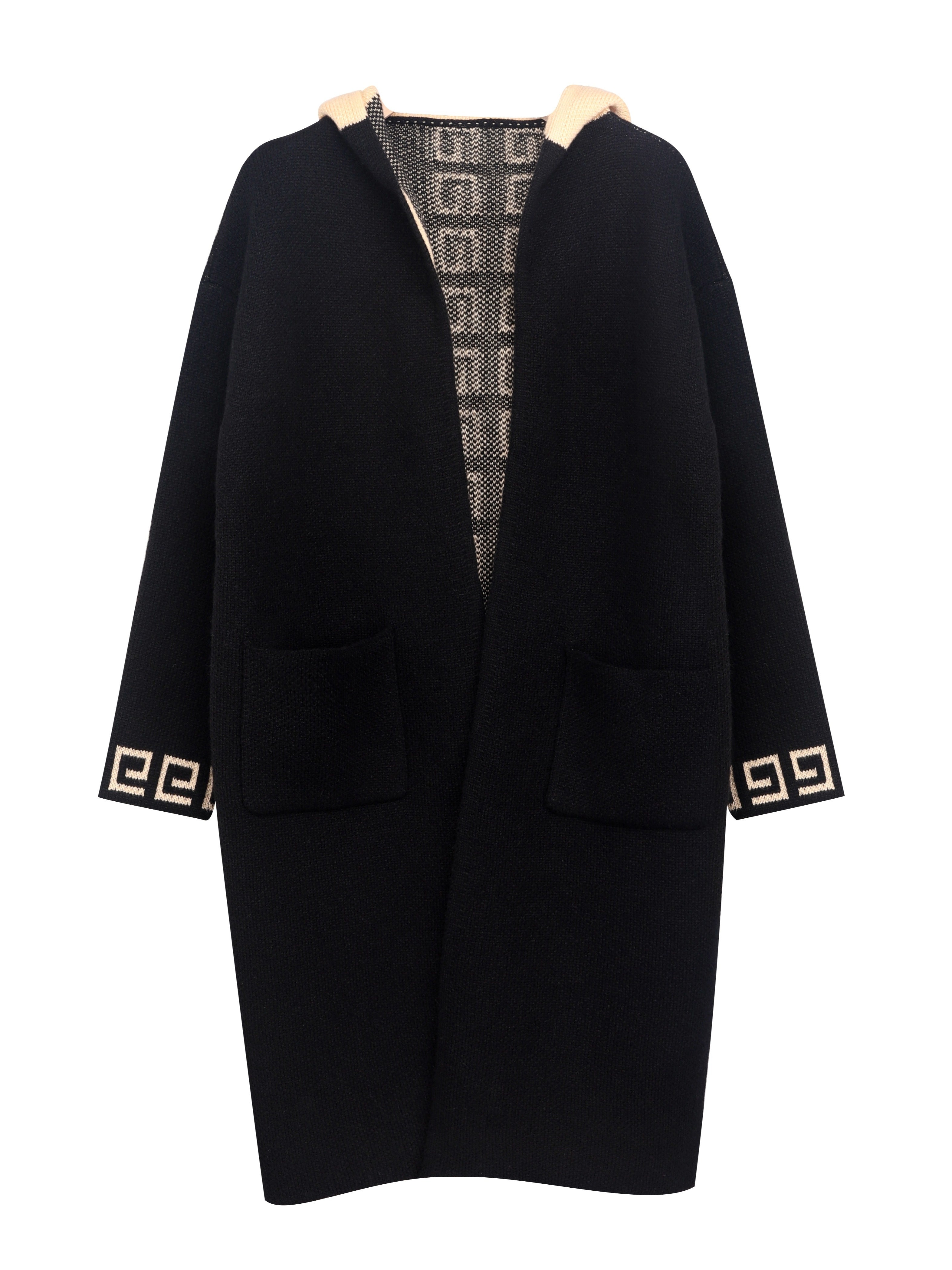 Women's Geometric Pattern Knit Hooded Cardigan with Pockets for Fall Winter