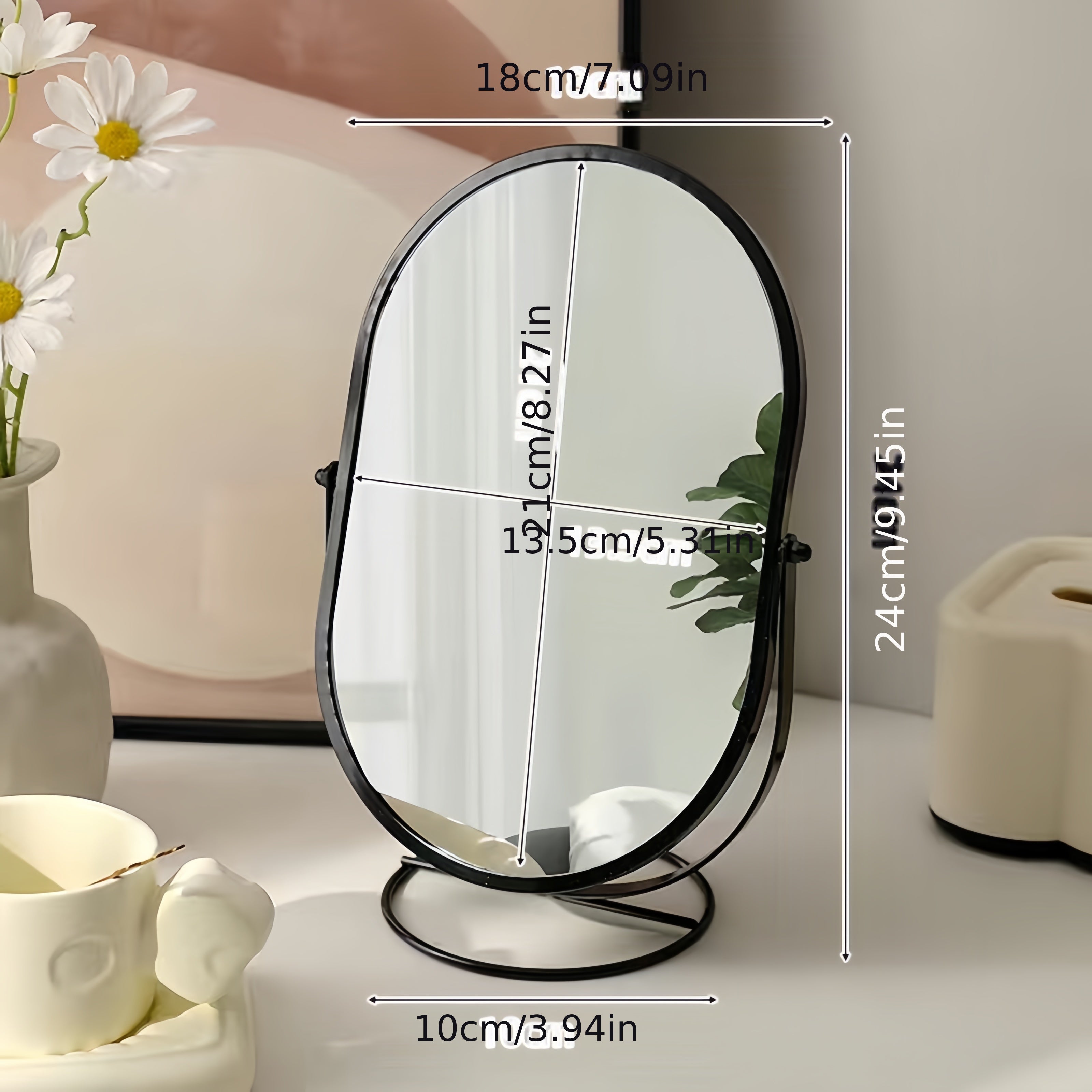 360° Rotatable Freestanding Makeup Mirror with Iron Frame High-Definition Surface for Bedroom Vanity Table