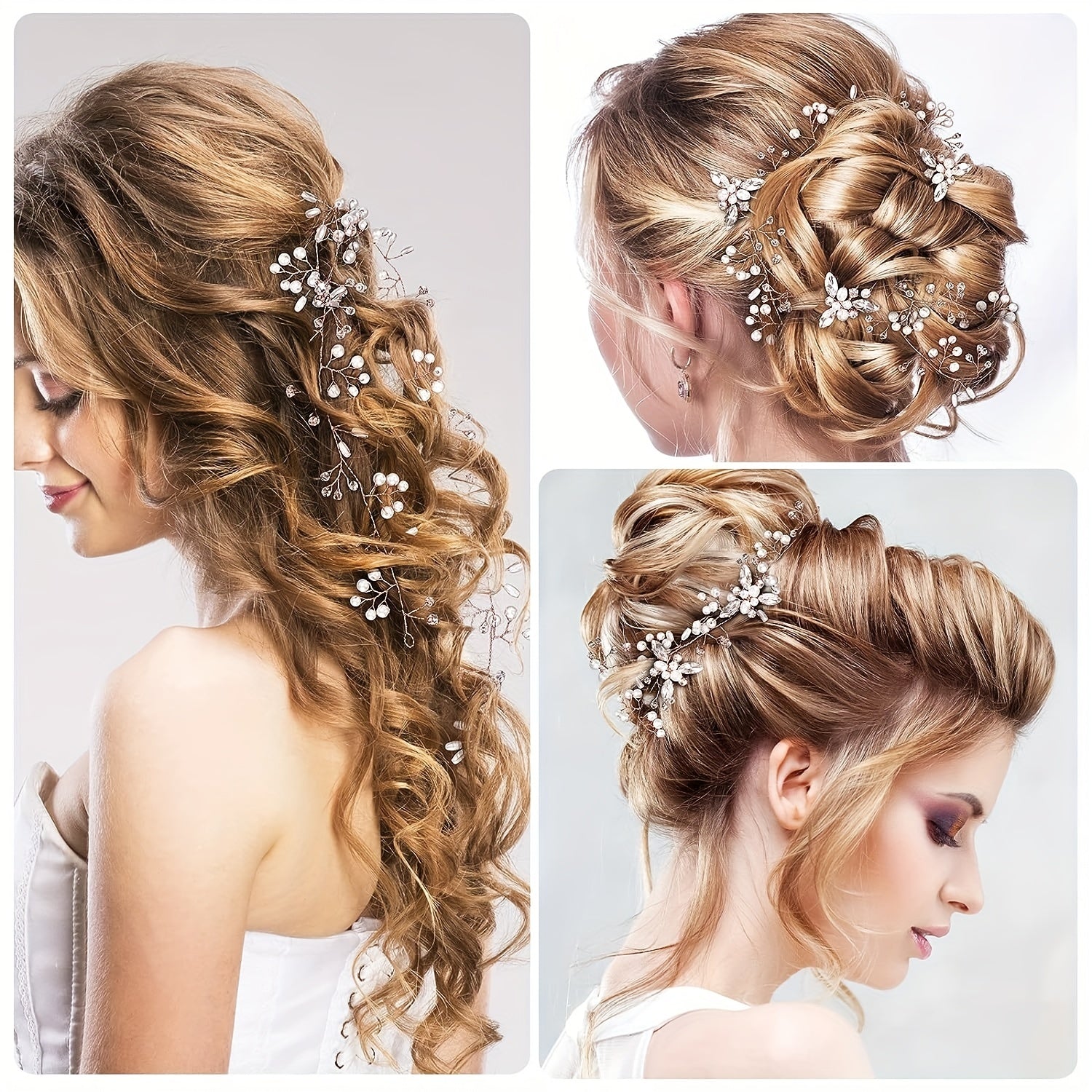 Conjunto de accesorios para el cabello de novia con perlas largas y cristales, que incluye 3 pinzas de pelo con cristales