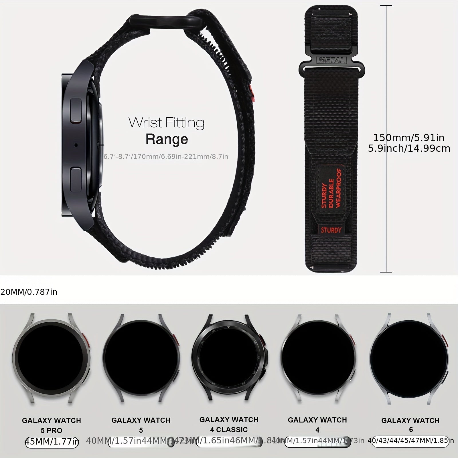 Men's Nylon Watch Strap 20mm for Samsung Galaxy Watch 6/5/4 Classic and Pro