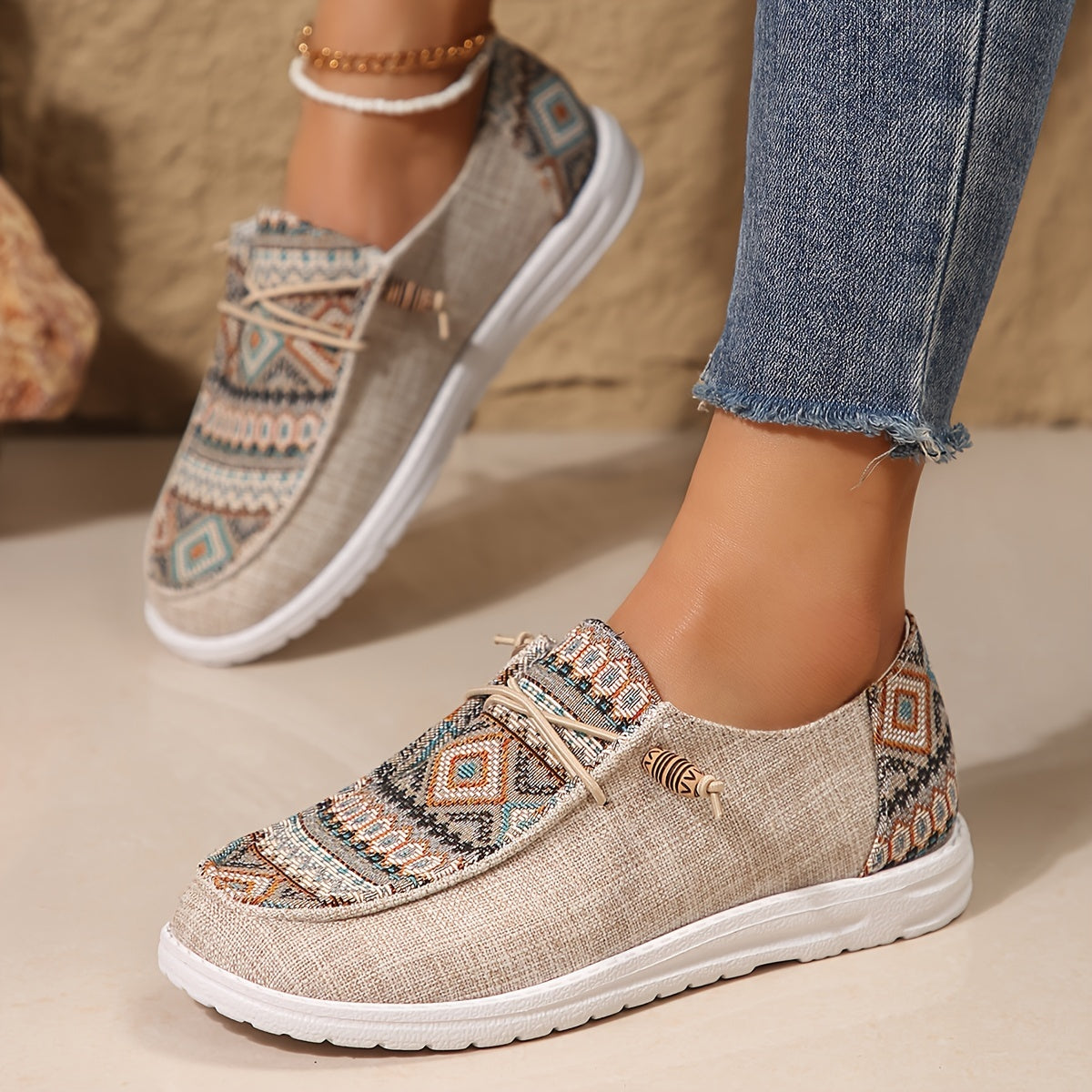 Zapatillas de lona para mujer, calzado casual con estampado étnico y bajo perfil