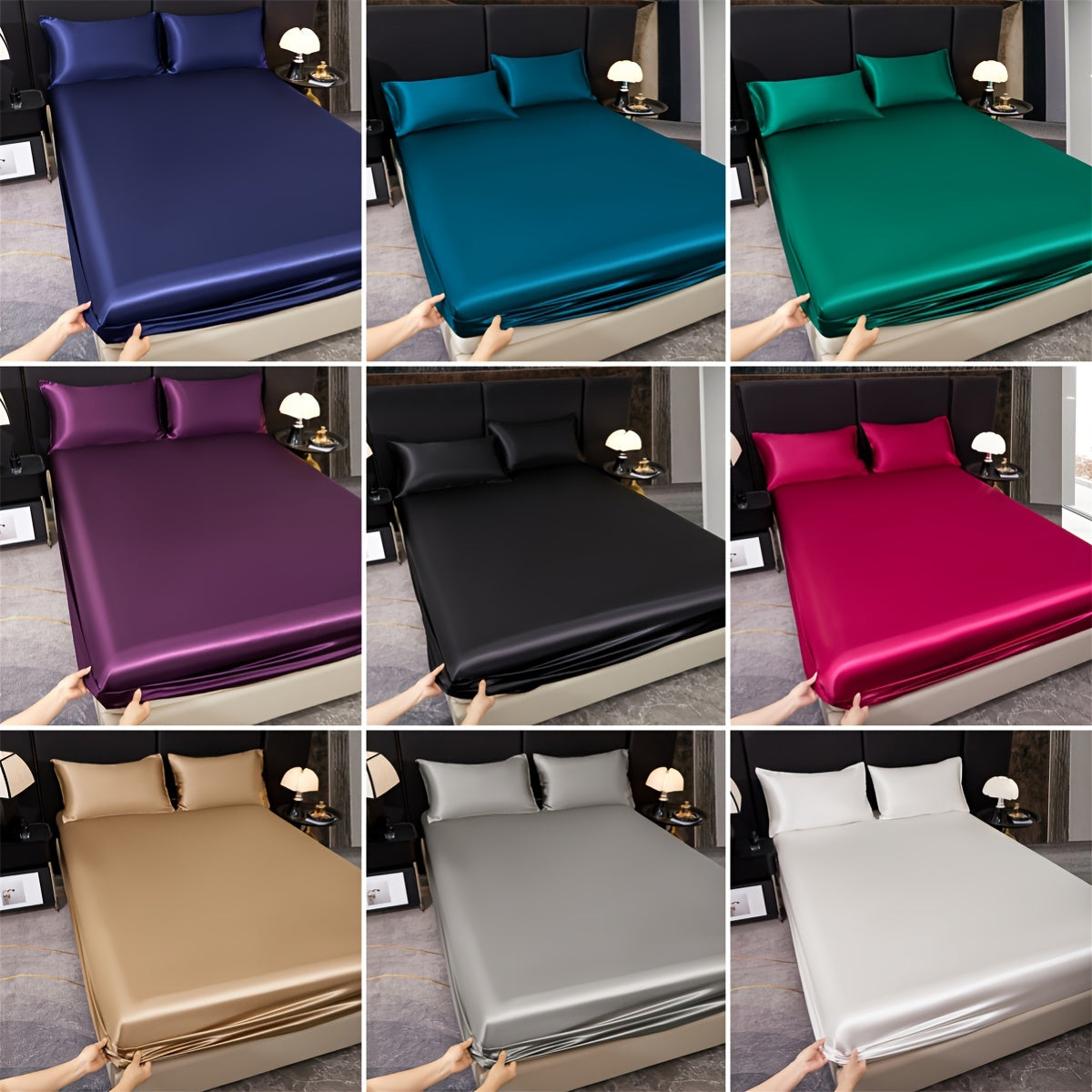 Juego de ropa de cama de satén con sábana ajustable y fundas de almohada de color sólido 80g