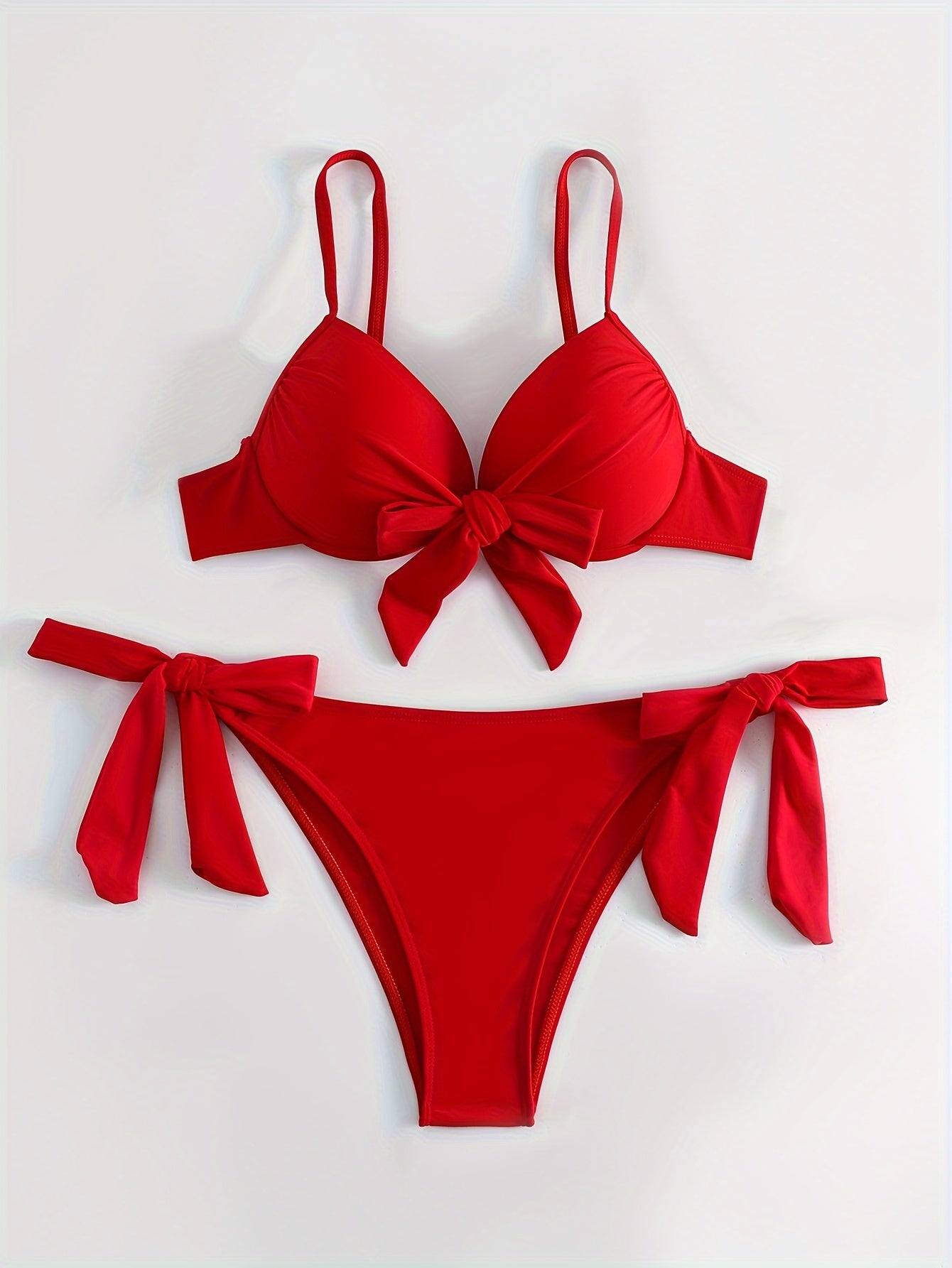 Red Solid Color Bikini Set with Lace Up Halter Neck and High Stretch Fabric