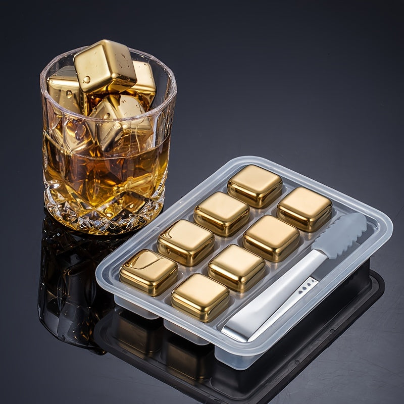 Set of 8 Stainless Steel Whiskey Stones with Silicone Tong Golden for Chilling Beverages