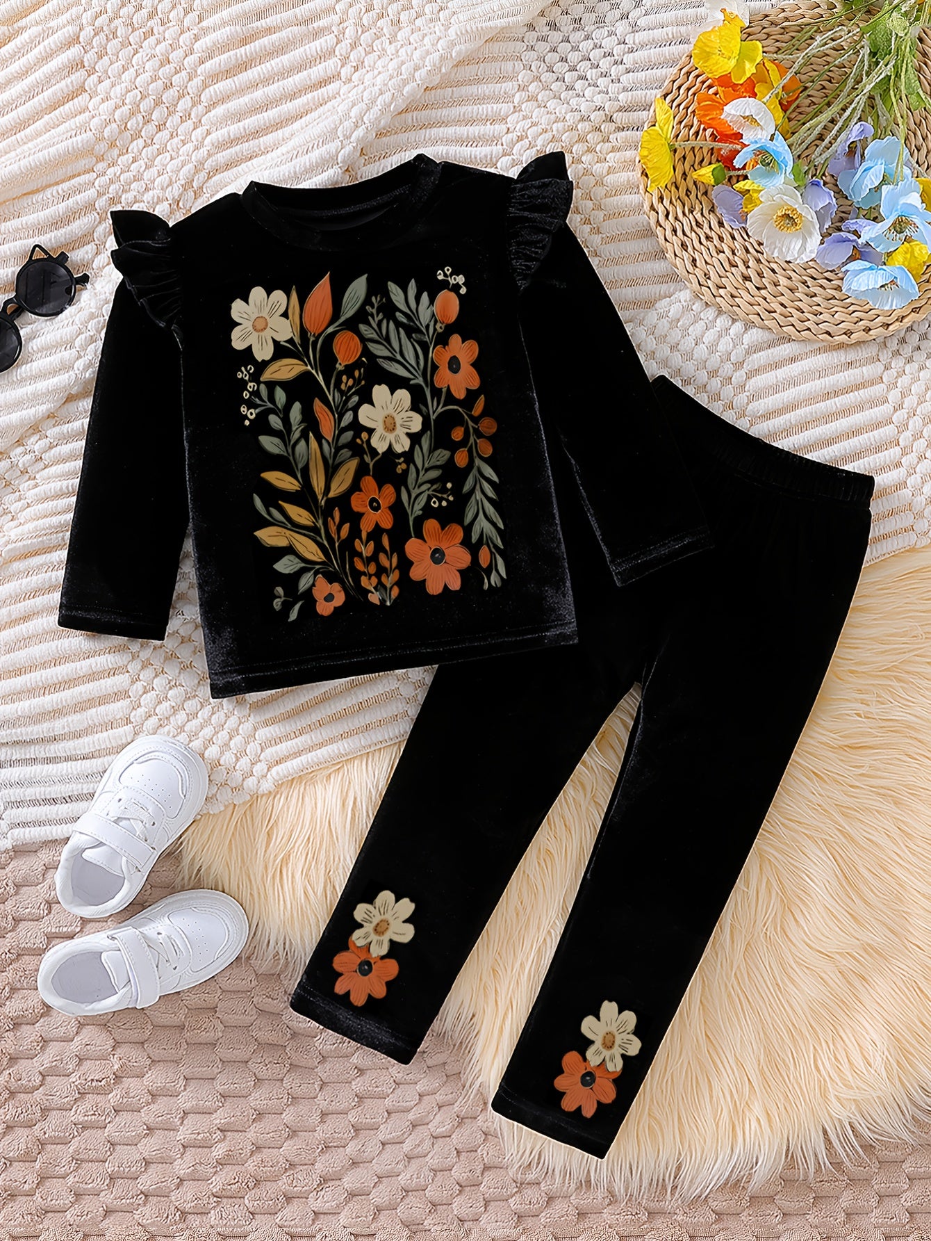 Conjunto de blusa y pantalones con estampado floral para niñas para ropa casual de primavera y verano