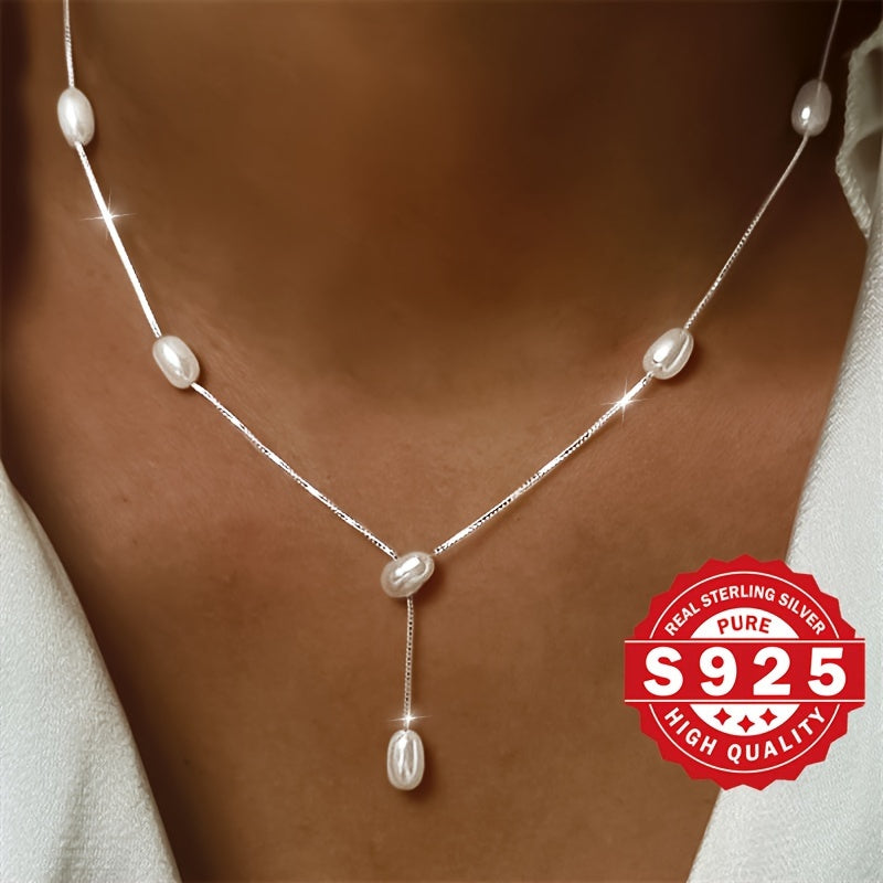 Sterling Silver Y-Shaped Pearl Necklace with Shell Bead Inlay for Women