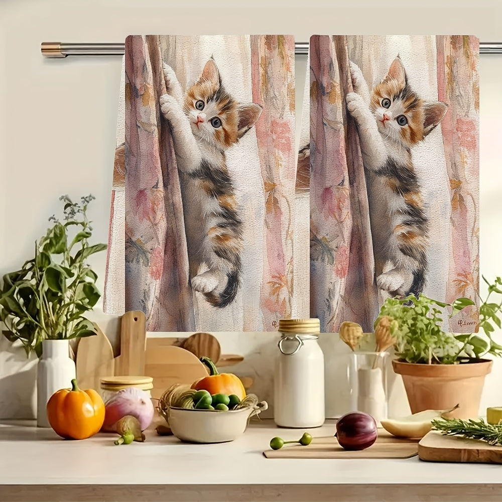 Two Pieces Ultra Soft Kitchen Towels Kitten Climbing Curtains Floral Pattern
