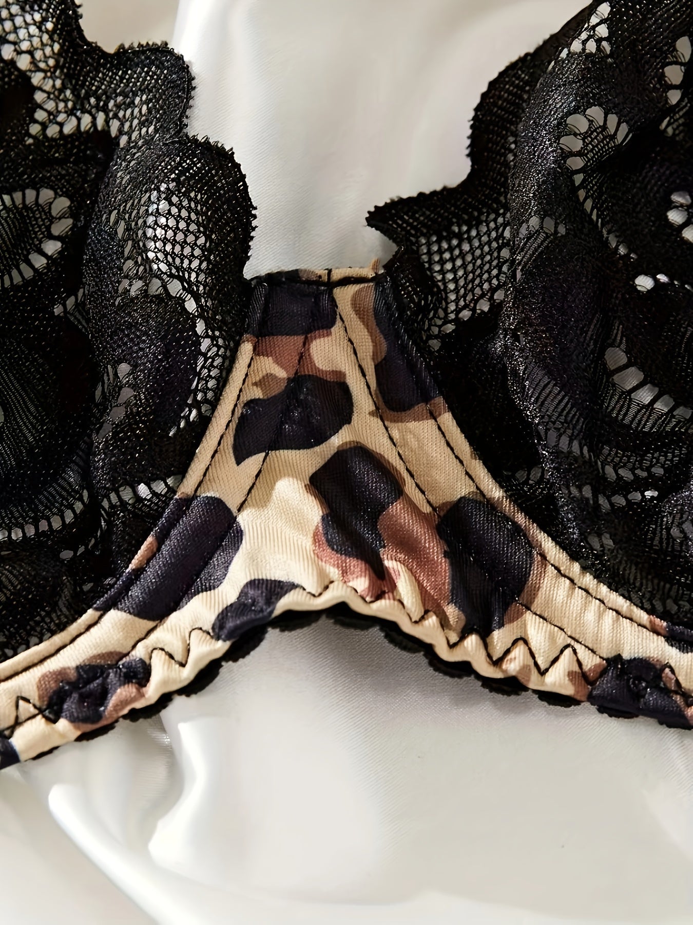 Leopard Print Lingerie Set with Floral Lace and Purple Underwear