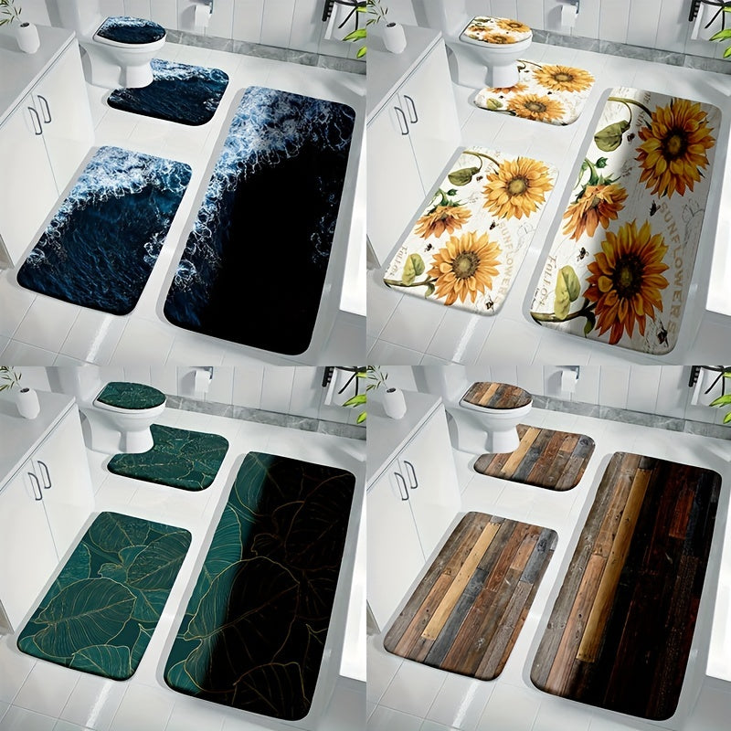 Set of 4 Velvet Non-Slip Bath Mats with Leaf, Flower, Wave, and Wooden Patterns Including Toilet Rug and Cover