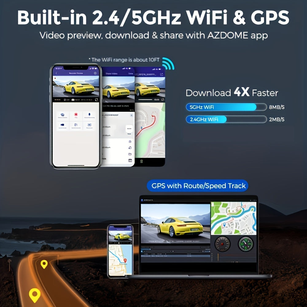 4K 3-канальная видеорегистратор с встроенным 5GHz WiFi, GPS, картой на 64 ГБ, передней, внутренней и задней 1440P+1080P+1080P, ночным видением, мониторингом парковки.