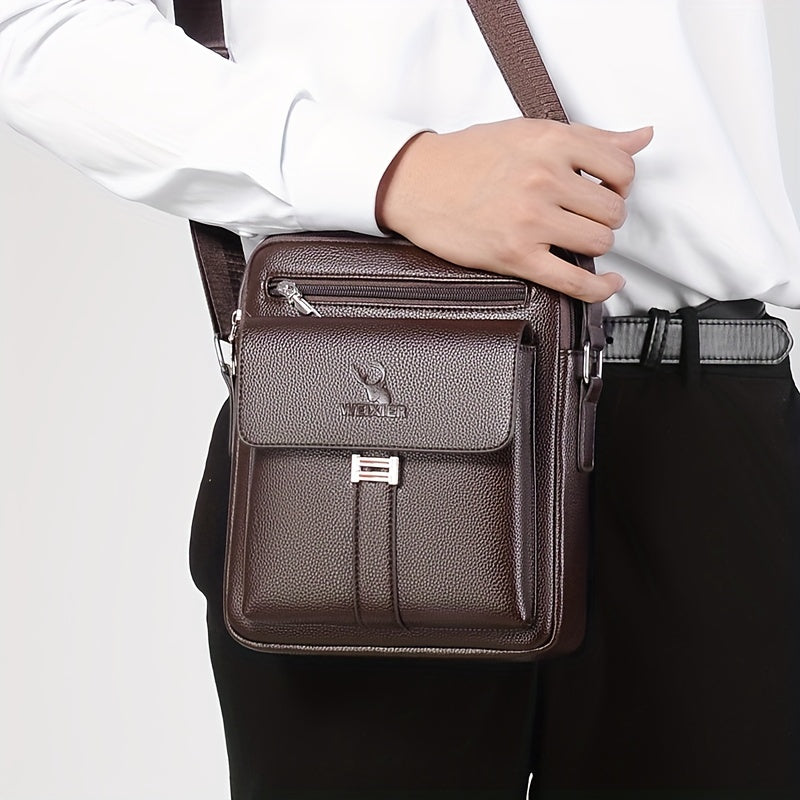 Men's Vintage Business Casual Shoulder Bag Black with Multiple Compartments and Zippered Pockets