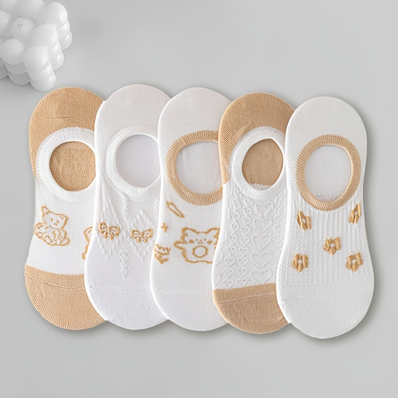 Women’s Solid Color Low Cut Invisible Socks 5 Pairs Breathable Knit