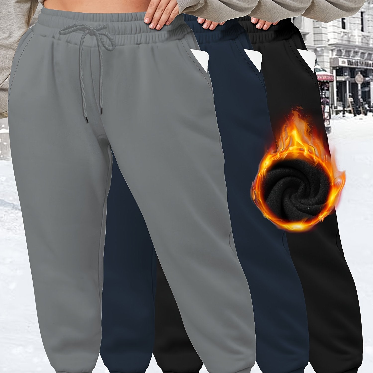Plus Size Jogger Pants 3 Pack High Stretch Drawstring Waist Solid Cold Weather