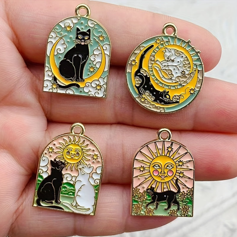 Set of 8 Sun and Moon Cat Charms Enamel Gold Plated Jewelry Pendants for DIY Necklaces and Earrings