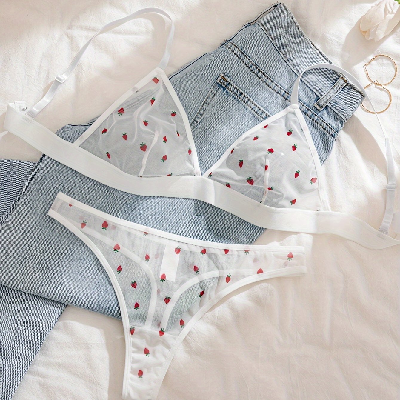 Mesh Printed Triangle Cup Lingerie Thong Set 2 Piece