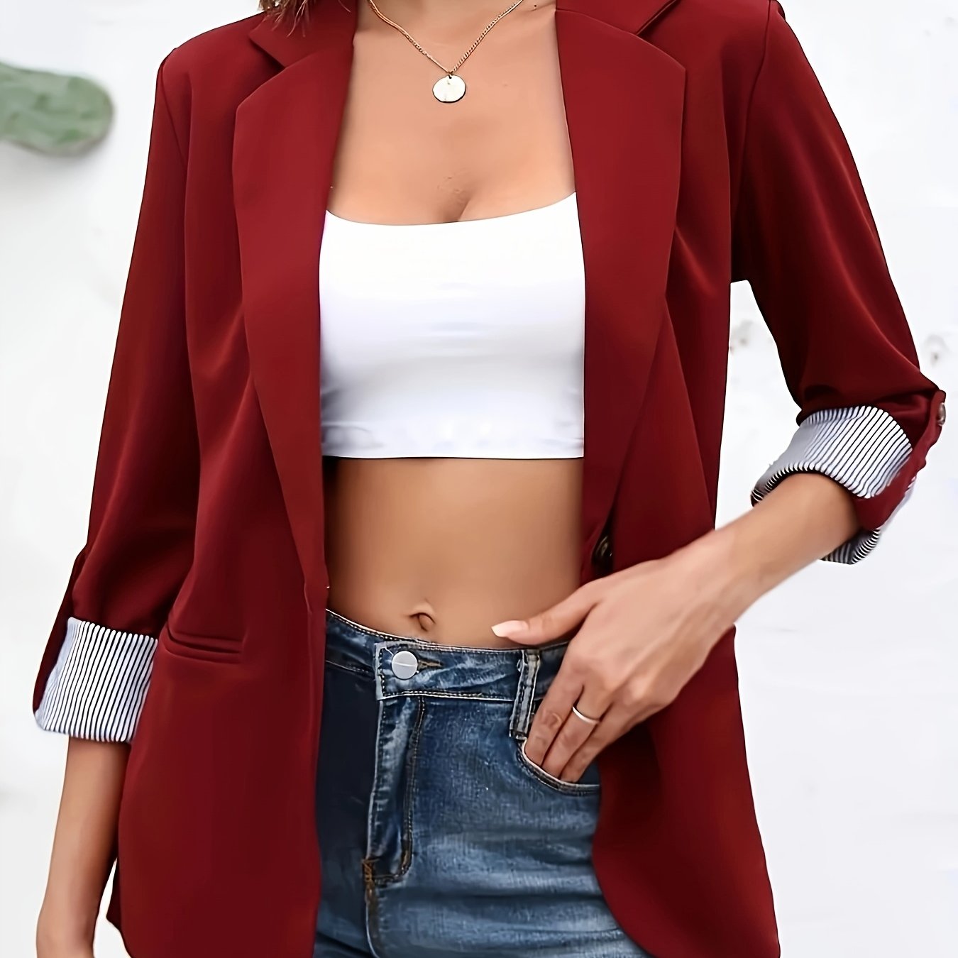 Блейзер с открытой передней частью большого размера с закатывающимися рукавами для офисной одежды