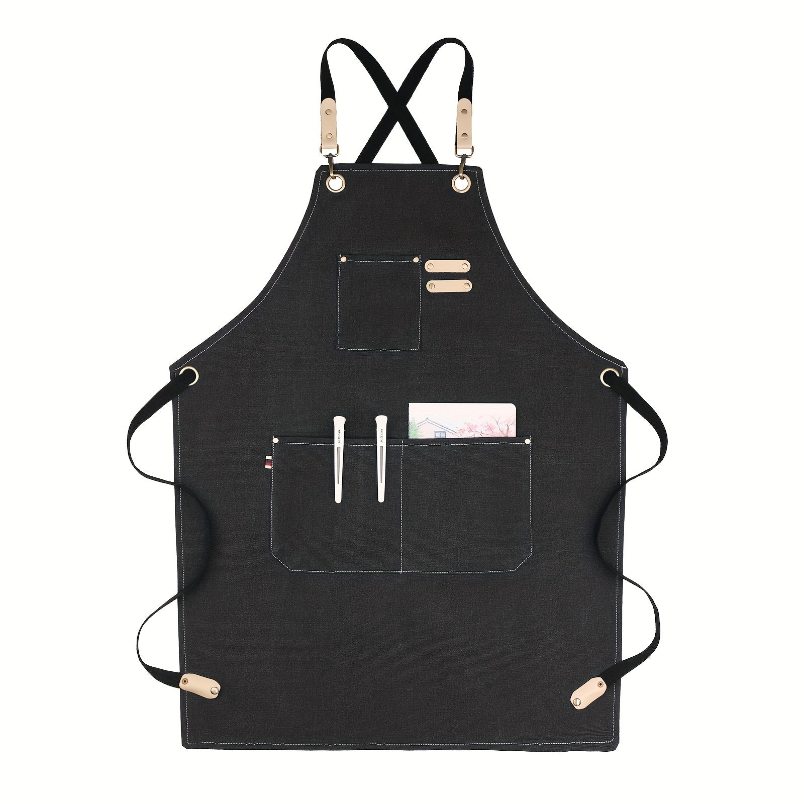 Moslashuvchan kamarlar va ko‘p bo‘shliq bilan jigarrang kanvas apron, oshxona uchun