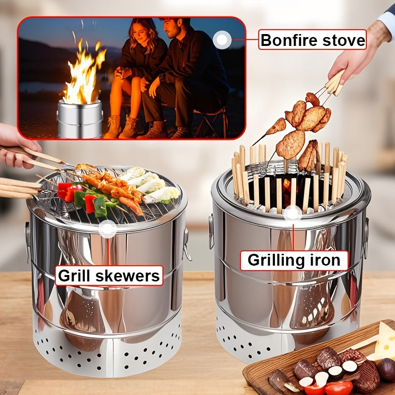 Portativ tutunsiz ko'mir qopqog'i bilan zanglamaydigan po'latdan yasalgan atrofdagi osilgan pech, ochiq havoda tutunli grill. 60 ta shish, 2 ta ziravorlar shishasi, 1 ta grill tarmog'i va 10 ta fixatorni o'z ichiga oladi. Oson