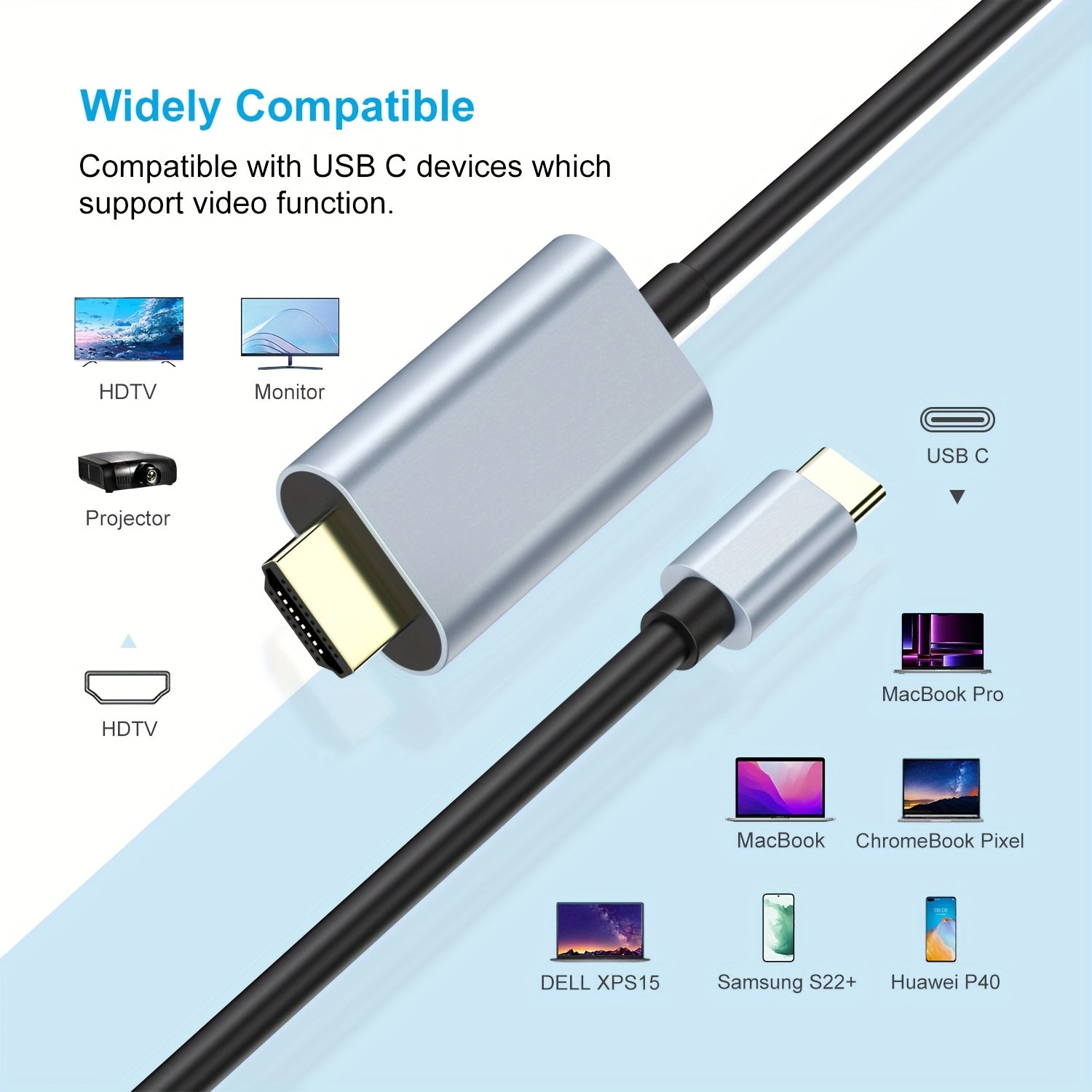 182.88cm USB-C to HDMI Cable 4K HD Flat Male to Male for MacBook iPad Surface Chromebook TV
