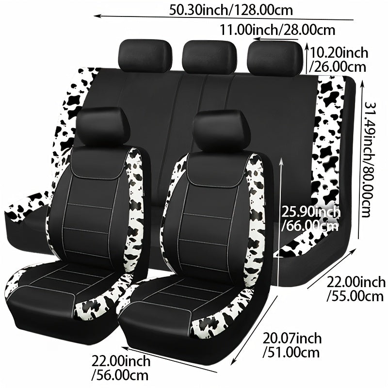 9-Piece Synthetic Leather Car Seat Covers Universal Cow Pattern for All Seasons