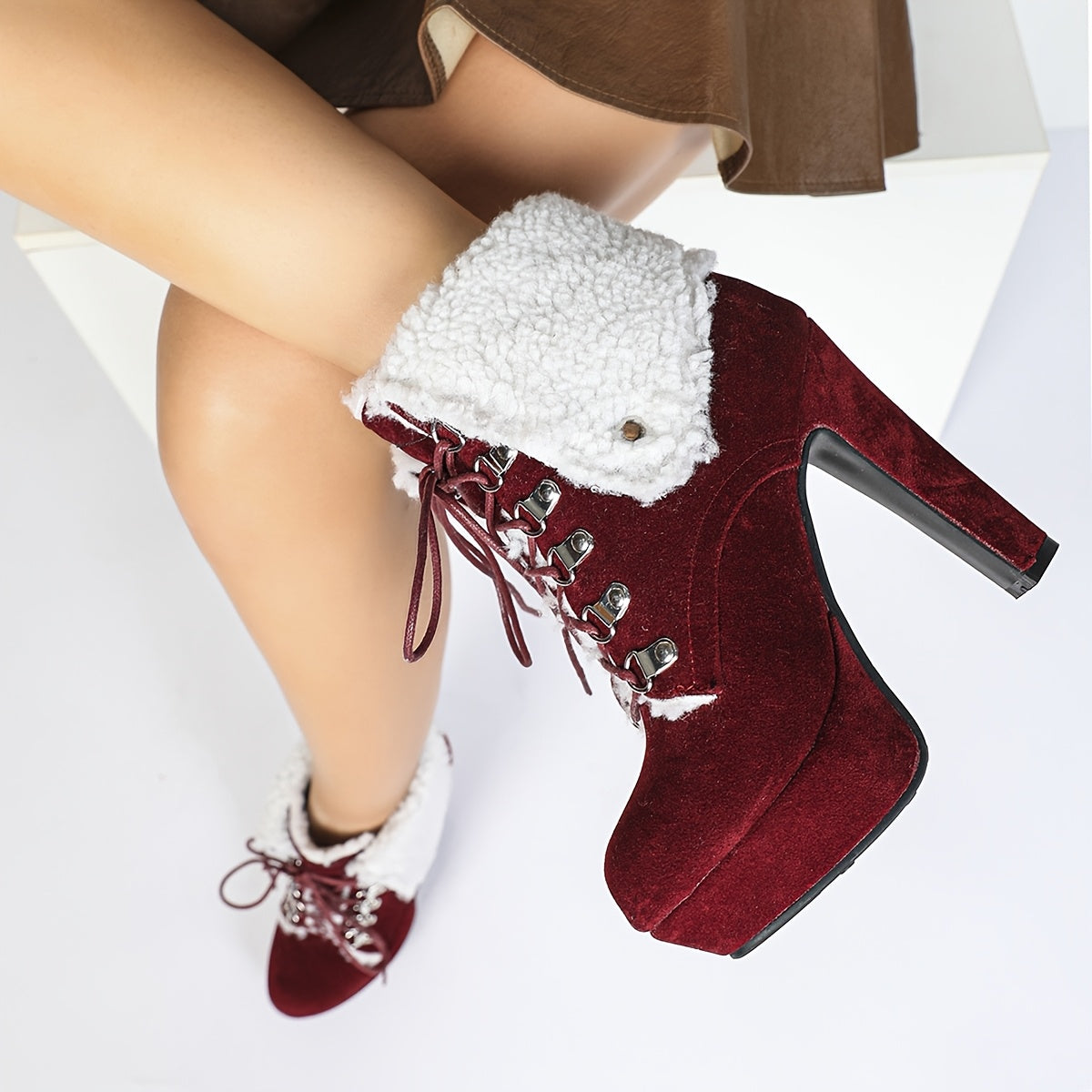 Women Faux Fur-Lined Ankle Boots Round Toe Block Heel Winter Snow Boots