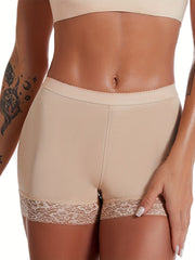 High-Waisted Beige Boyshort Panties with Removable Padded Mesh Butt Enhancer for Lingerie and Underwear