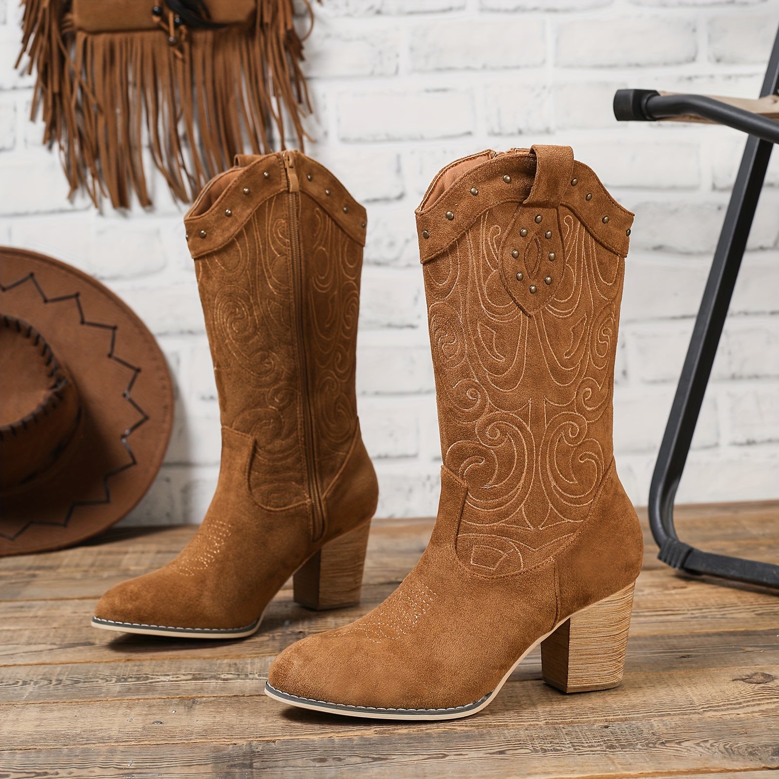 Women's Mid-Calf Leather Boots With Chunky Heel and Side Zipper