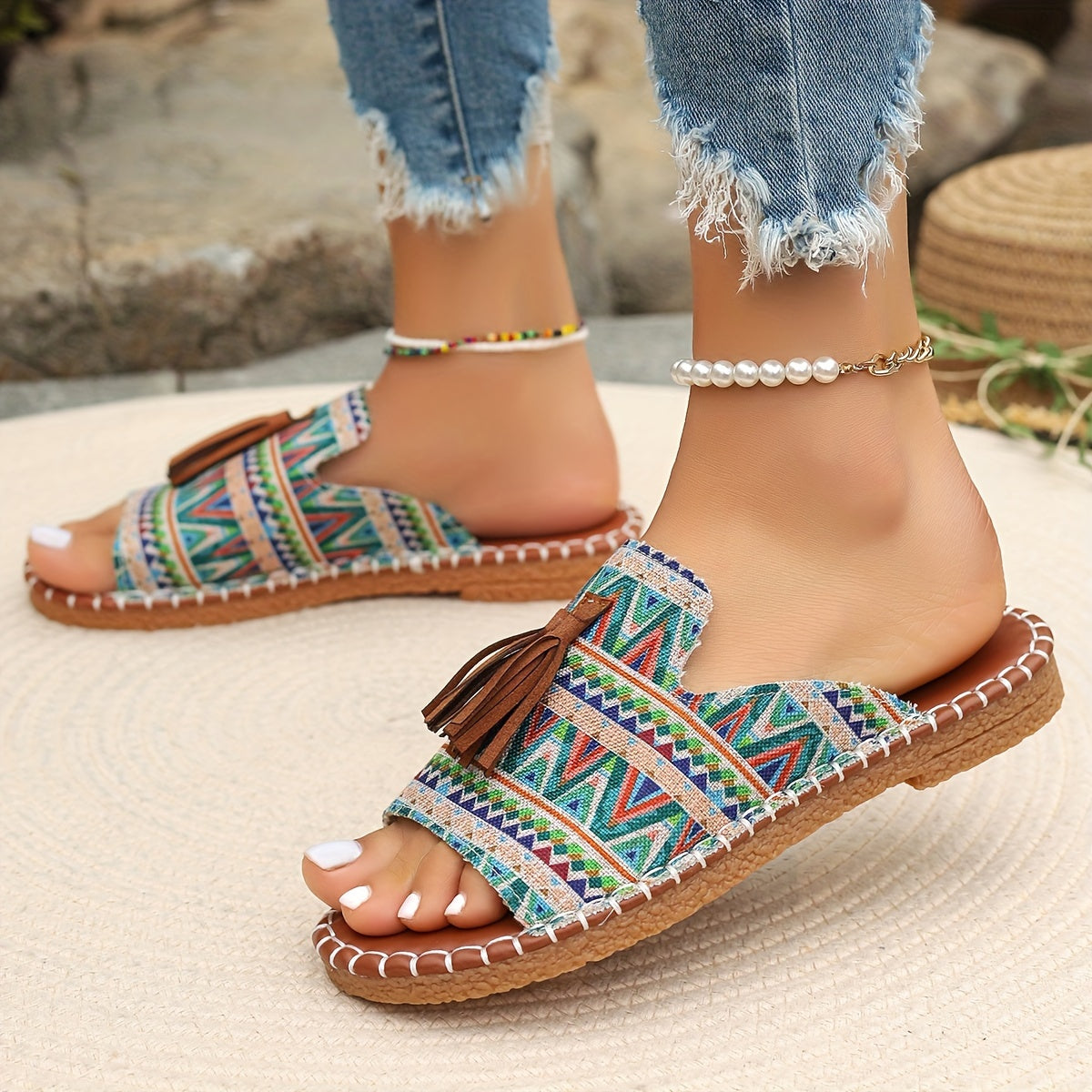 Bohemian Canvas Sandals for Women with Tassel and Ethnic Pattern Slip-On Open Toe Flat Summer Shoes