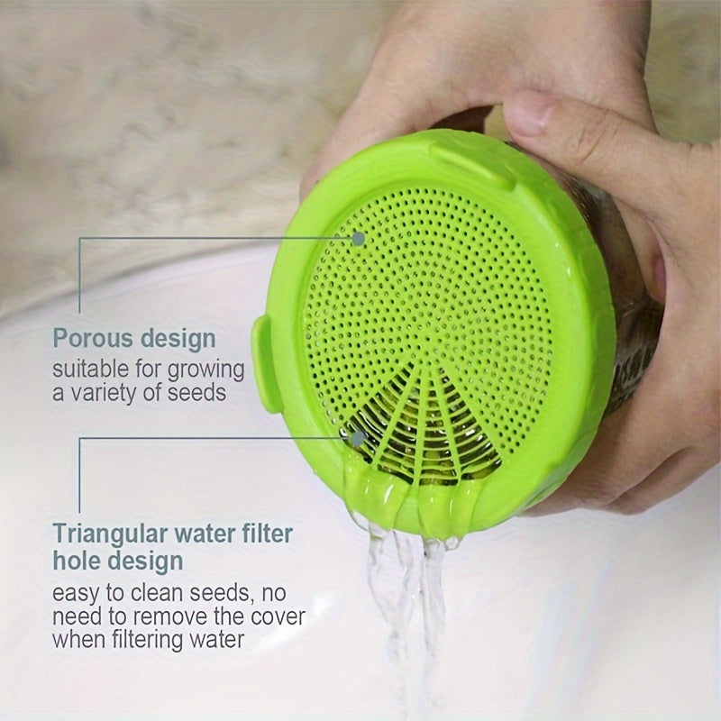 Две пластиковые крышки для проращивания, предназначенные для банок с широким горлом 86 мм. Включает 2 крышки-сита для консервных банок. Идеально подходит для выращивания семян брокколи, проростков фасоли, люцерны и салатных проростков.