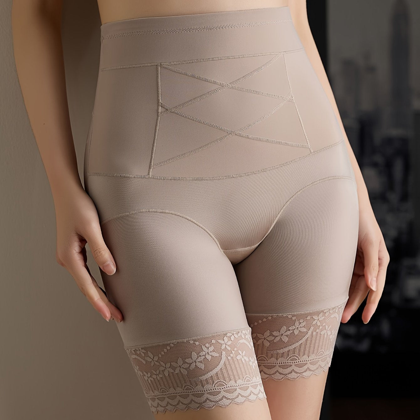 High-Waisted Tummy Control Thigh Slimmer with Lace Detail Polyamide Shapewear