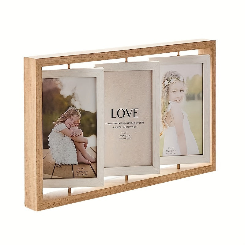 Wooden Double-Sided Tri-Fold Photo Frame Stand for Multiple Pictures