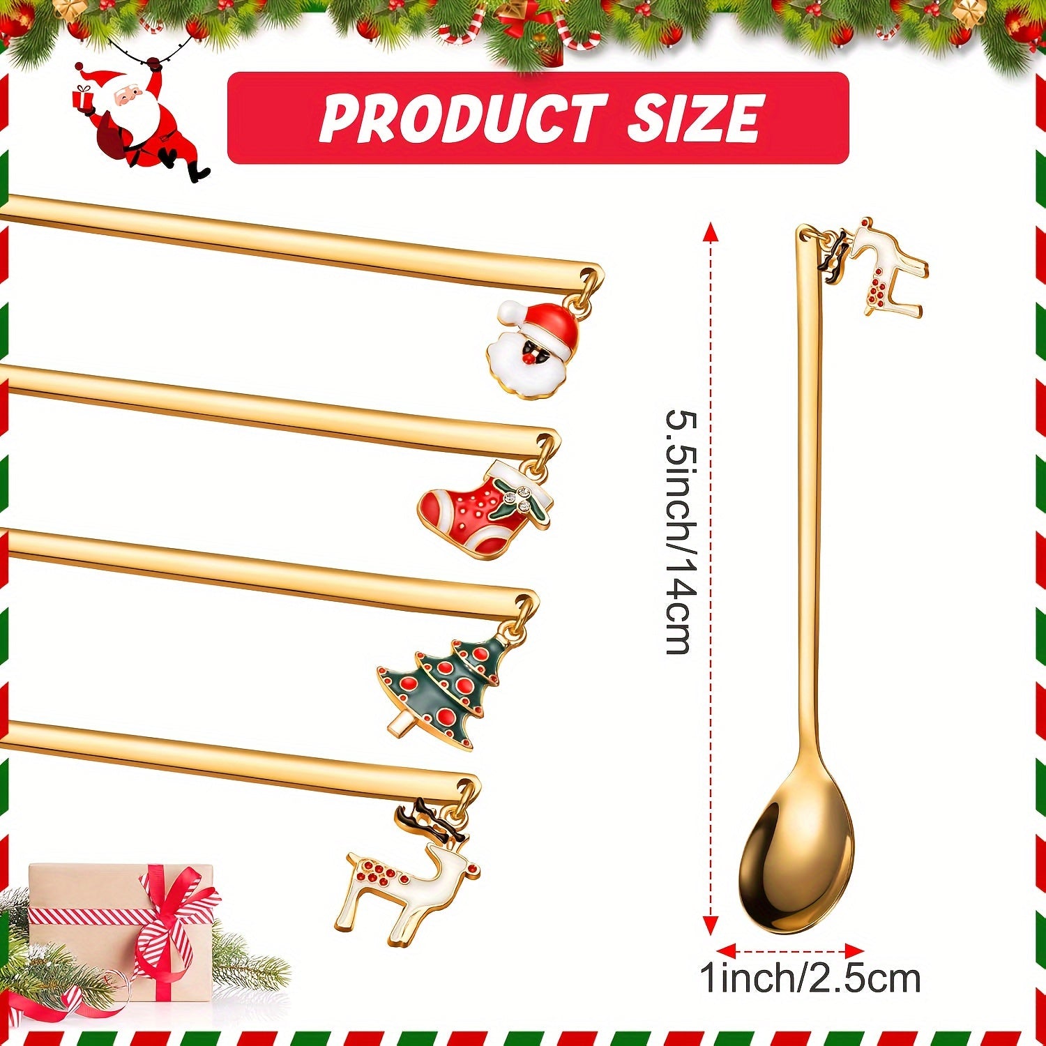 Set of 4 Festive Stainless Steel Christmas Coffee and Tea Spoons for Hot Chocolate and Desserts