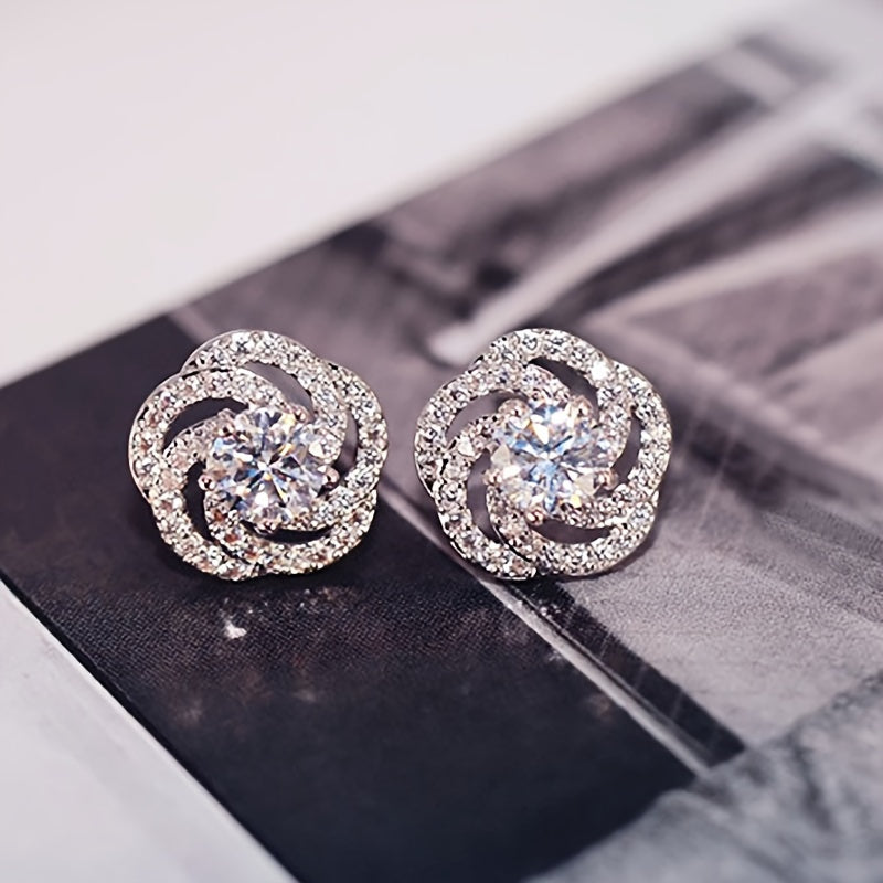 Sterling Silver Rose-Shaped Zirconia Stud Earrings for Women