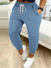 Plus Size Casual Solid Color Drawstring Waist Pants with Pockets for Women