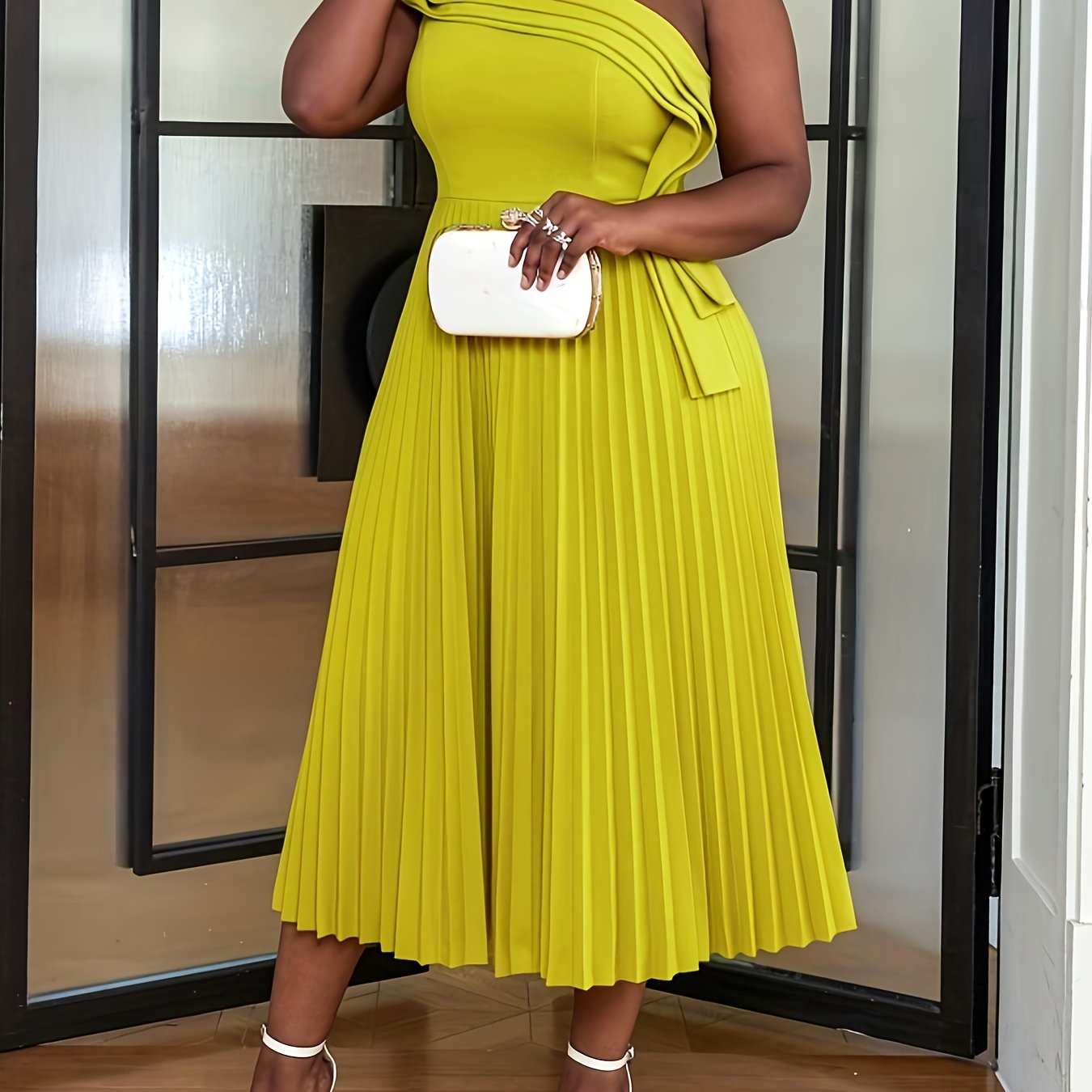 Plus o'lchamli bitta yengli pleated midi kiyim polyester elastan to'liq rangli kengaytirish barcha fasllar uchun mos