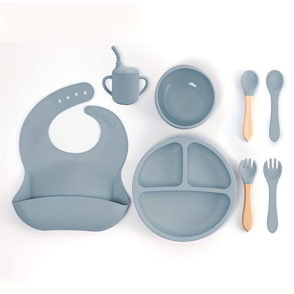 8-Piece Silicone Toddler Feeding Set Non-Toxic BPA-Free Suction Plates Bibs Straw Cups Utensils
