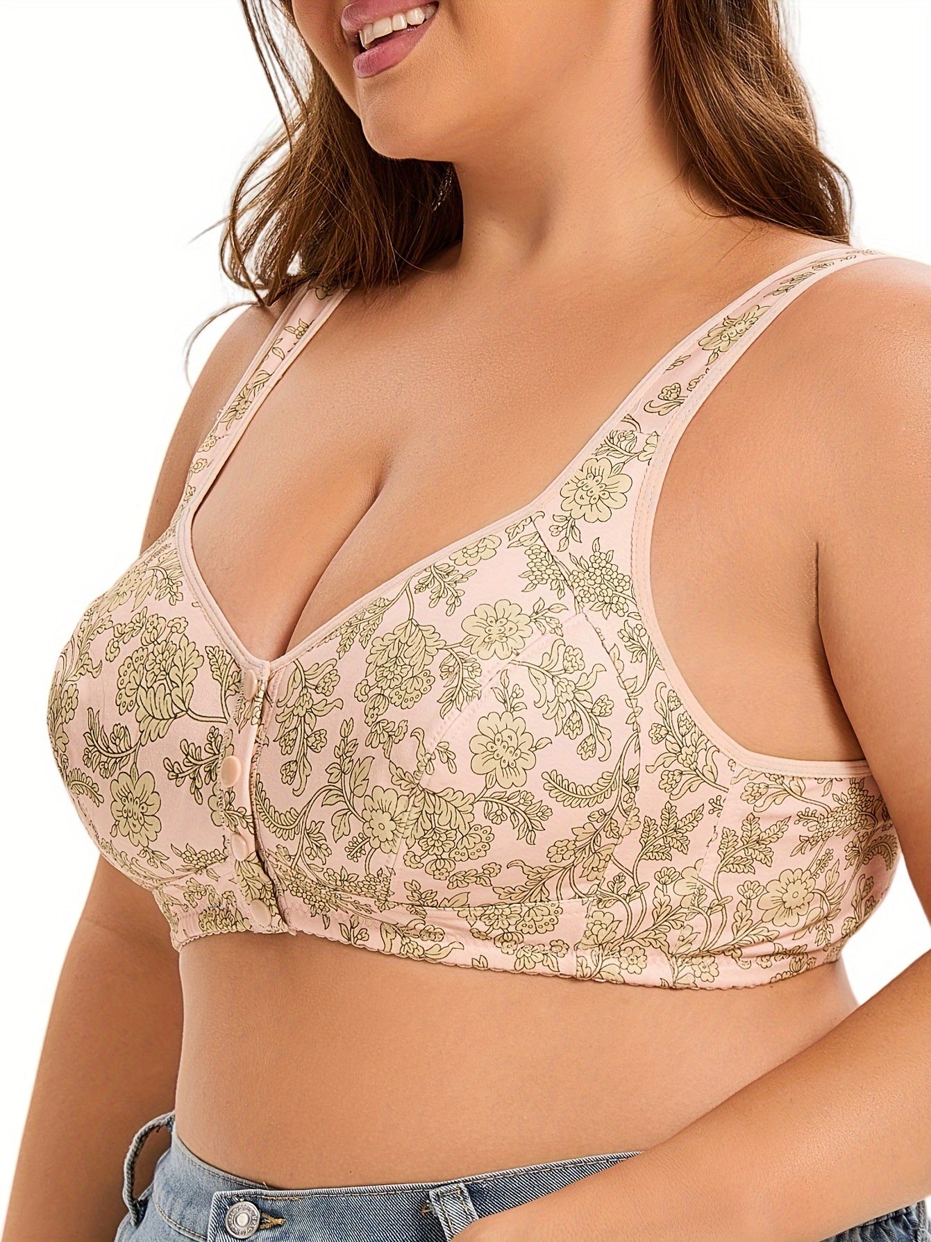 Sujetador inalámbrico de talla grande con cierre frontal y estampado floral, sin acolchado, tela de punto de poliéster