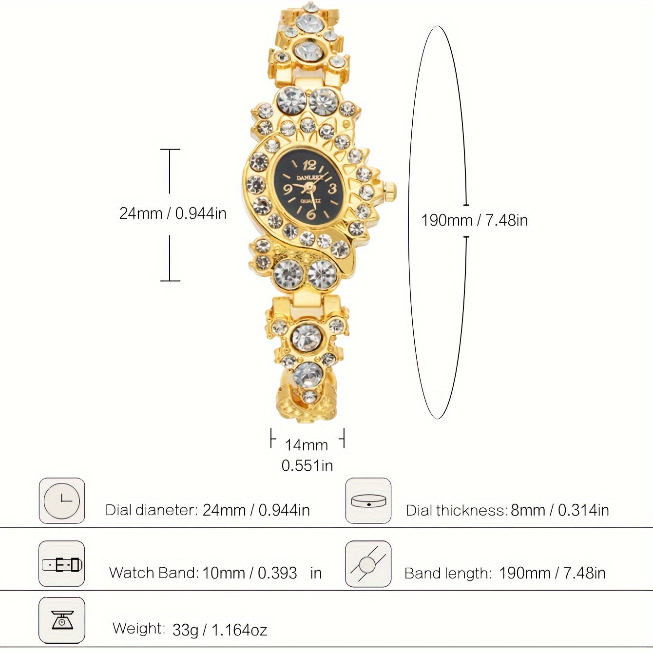 Women's Gold Rhinestone Quartz Watch with Oval Zinc Alloy Case and Analog Display
