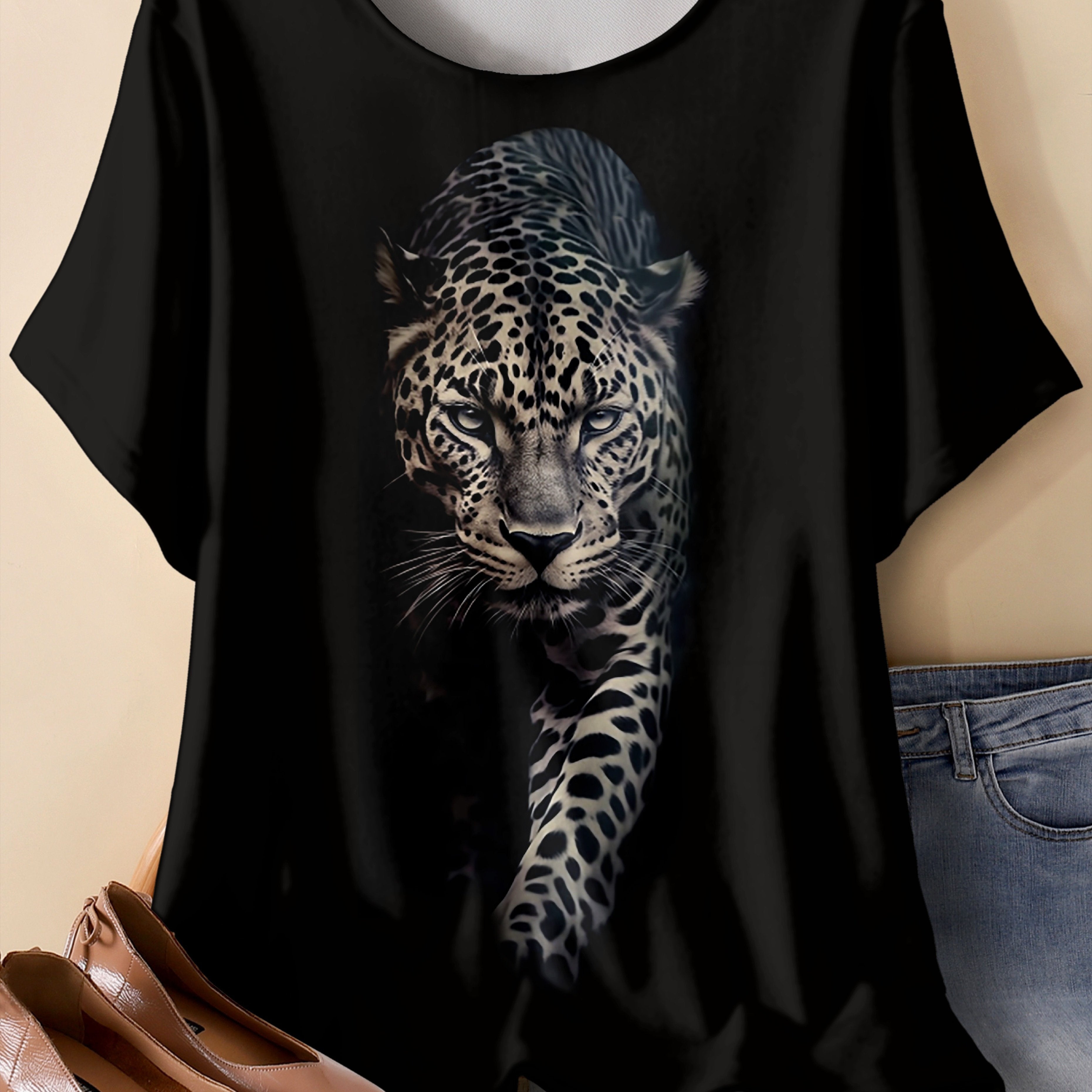 Plus Size Leopard Print T-Shirt for Women Casual Spring Summer Polyester Knit
