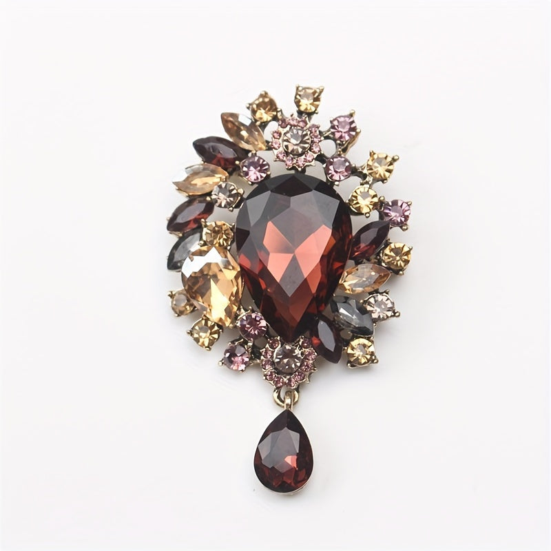 Floral Rhinestone Brooch Pin with Enamel and Cutout Pattern for Women