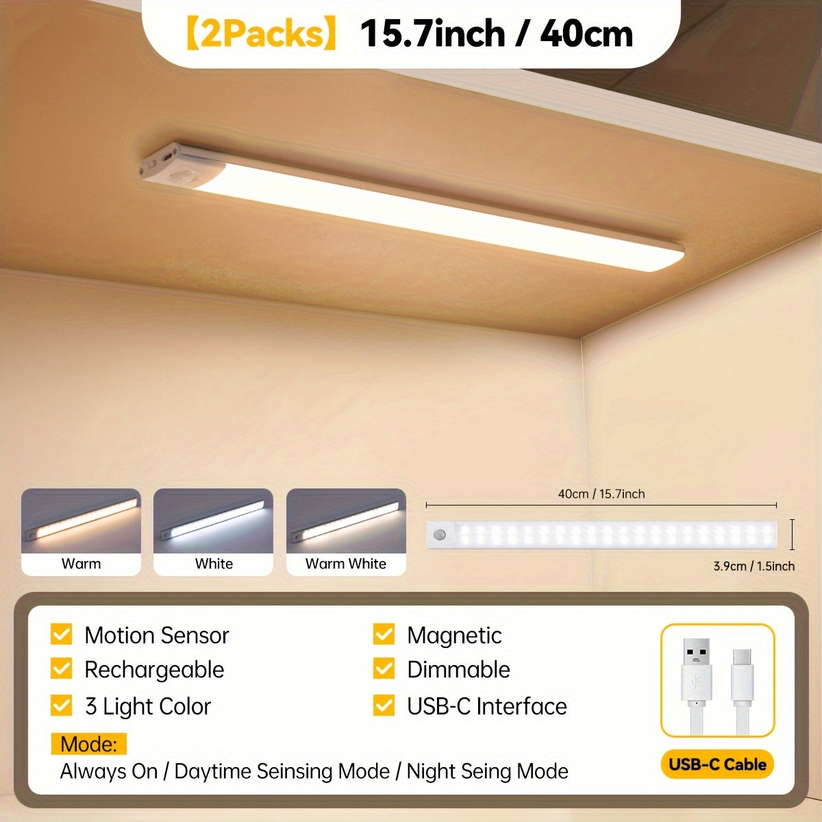 LED Cabinet Light with Infrared Sensor USB Rechargeable Metal Construction
