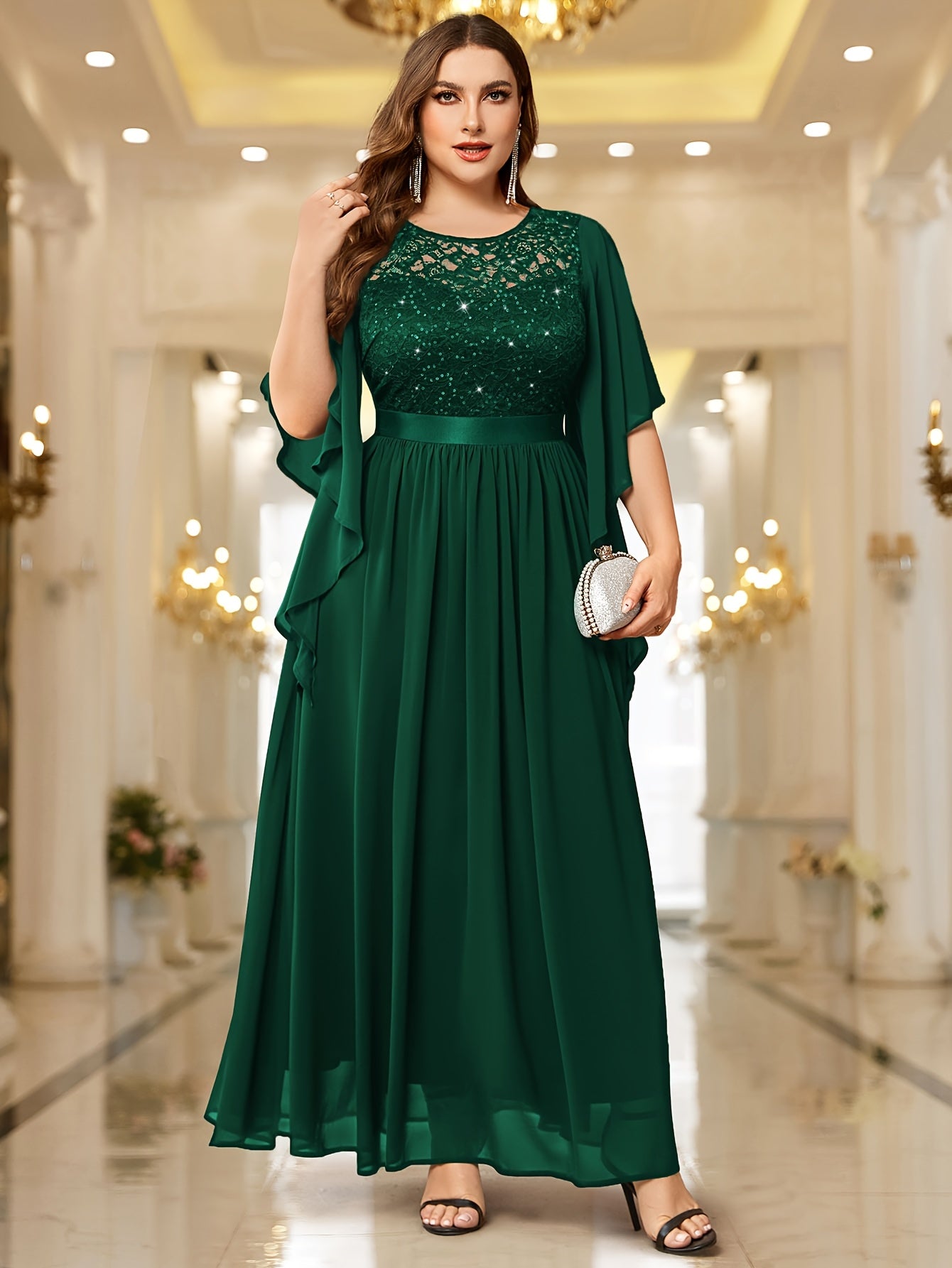 Темно-синее макси-платье с кружевной отделкой и рукавами-бабочками для вечерних вечеринок