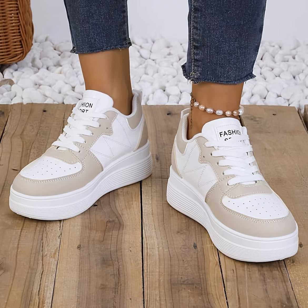 Women's White Beige Lace-Up Sneakers Synthetic Rubber Sole All-Season Casual