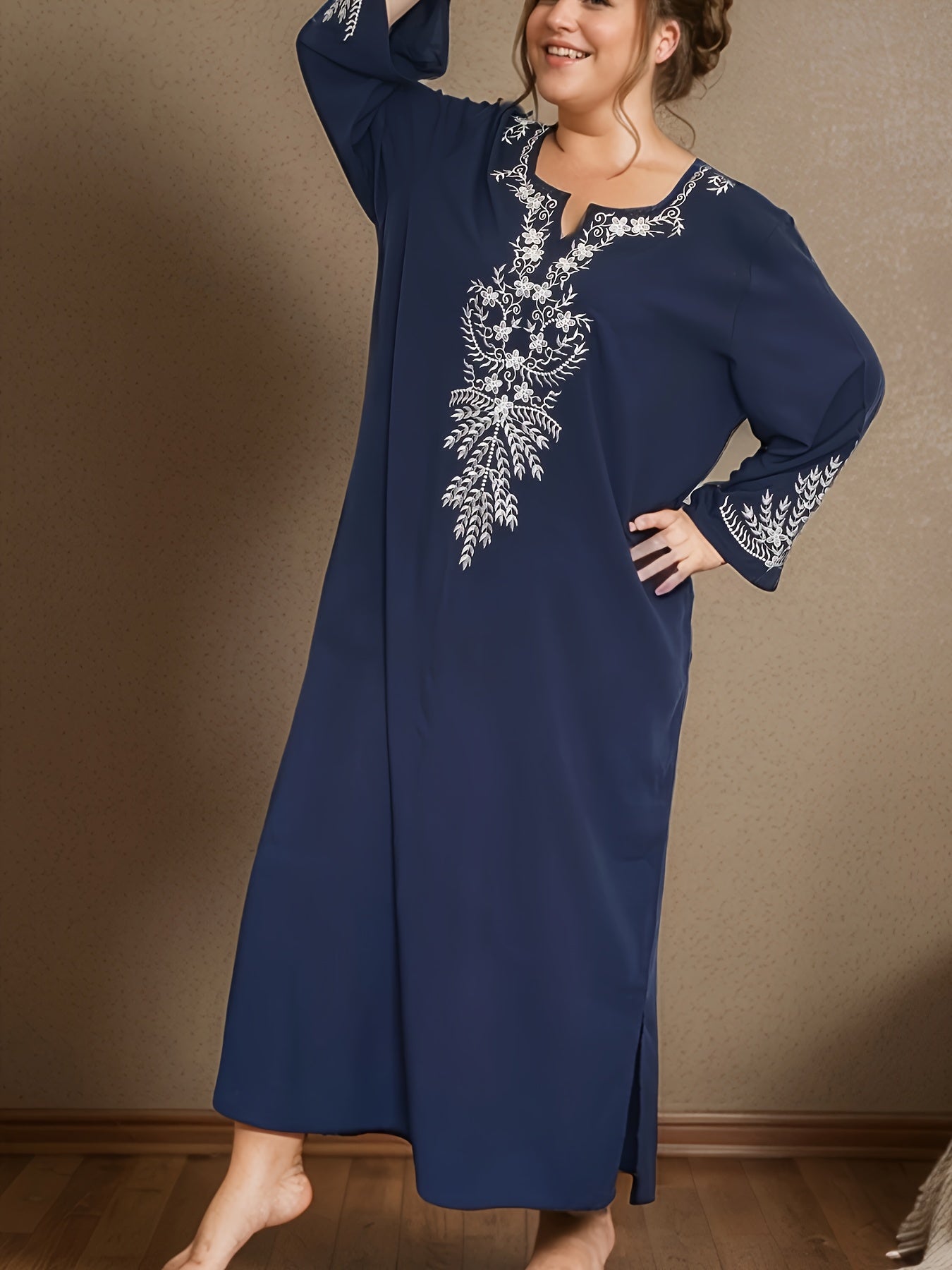 Women's Plus Size Black Blue Bohemian Floral Nightgown with 3/4 Sleeves